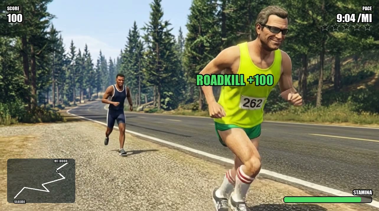 Game screenshot with score and pace HUD: a dad runner passes another runner on a forest highway, with the on-screen text Roadkill plus 100.