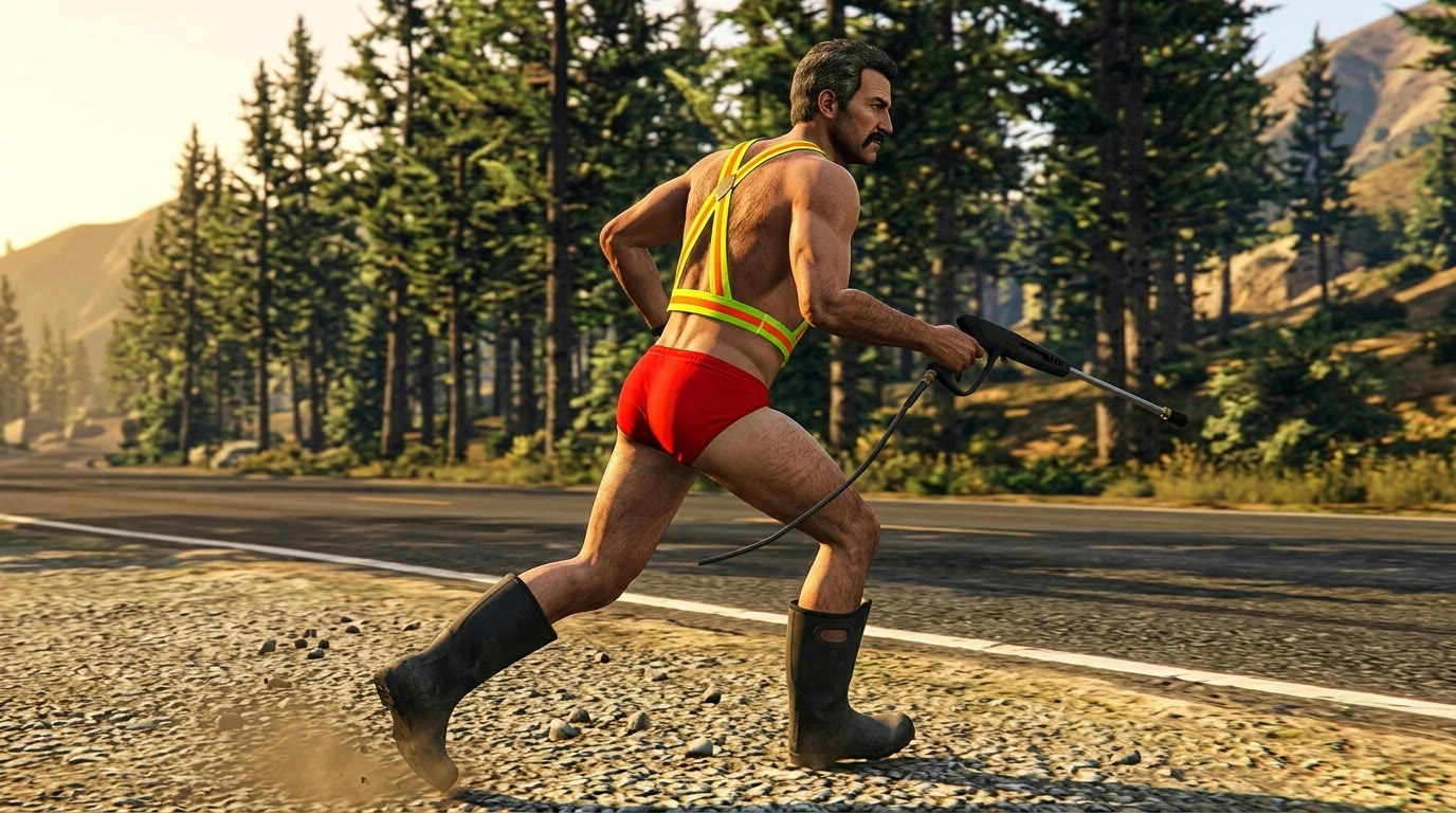A mustached man in a safety harness, red briefs and rubber muck boots running while carrying a pressure washer.
