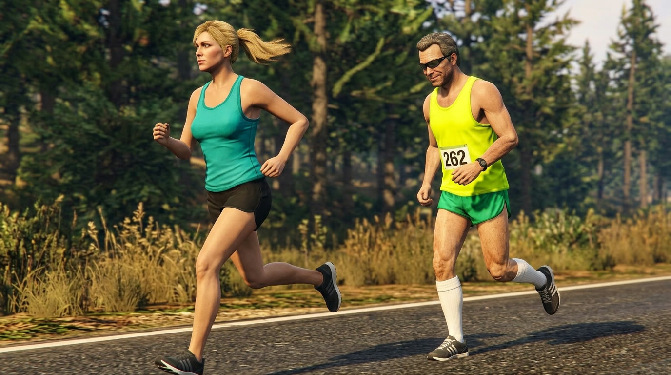 Two runners side by side on a shaded forest road.