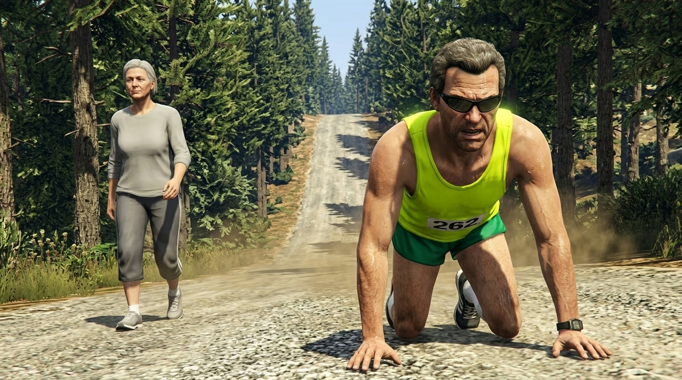 A sweating runner crawling on all fours up a gravel hill while an elderly woman in a gray tracksuit power-walks past him.