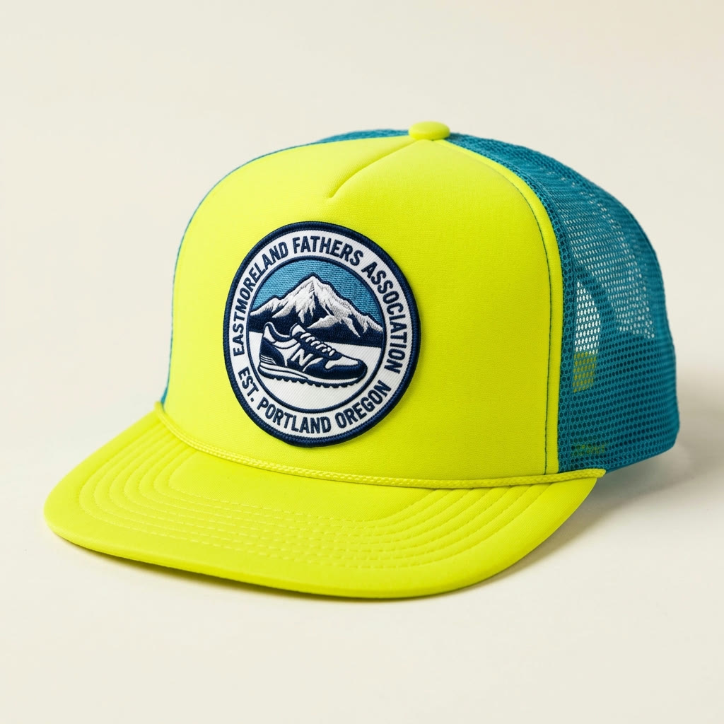 Neon yellow and teal trucker hat with an embroidered Eastmoreland Fathers Association crest patch.